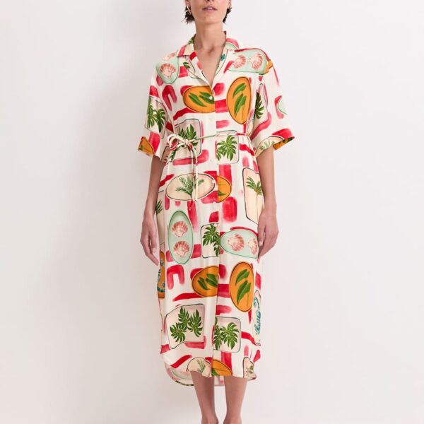 Sportscraft Printed Tie Waist Midi Shirt Dress Multi