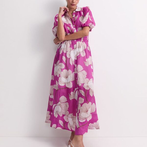 Sportscraft Lyocell Blend Floral Midi Shirt Dress Pink Magenta