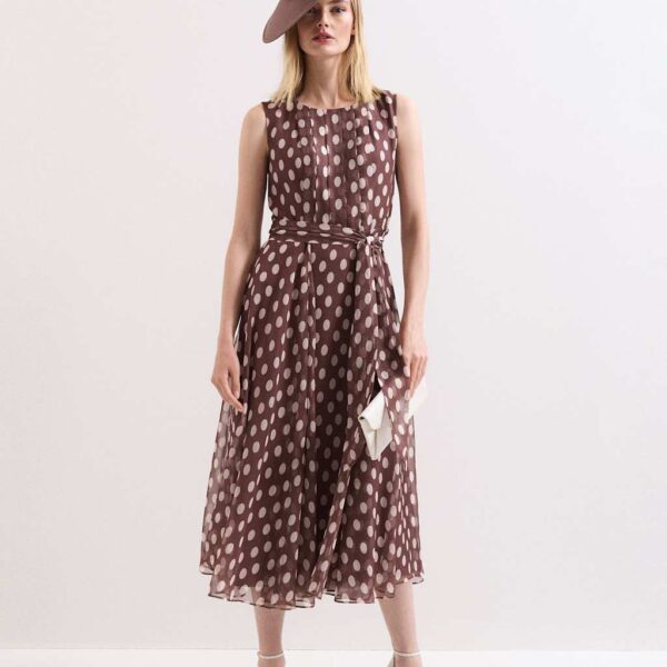 Phase Eight Spot Print Bow Detail Midi Skater Dress Brown Mix