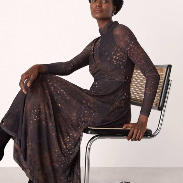 Whistles Mesh Animal Print High Neck Midi Skater Dress Brown Mix