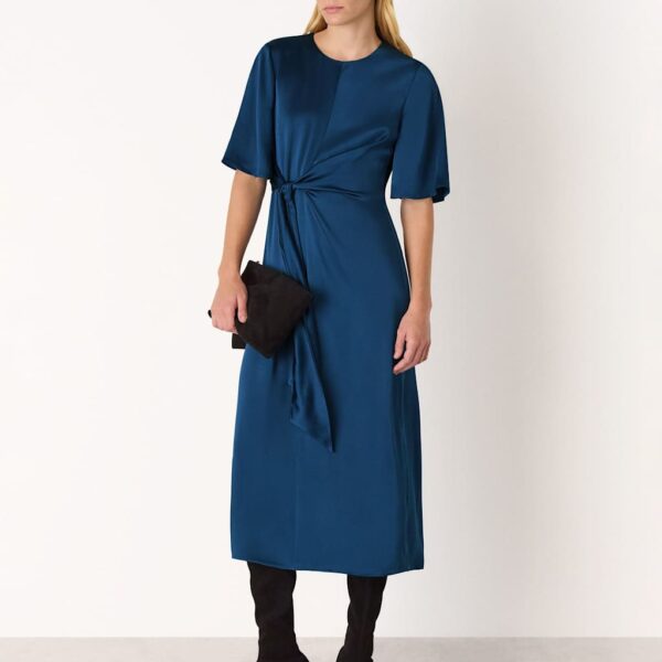 Whistles Satin Twist Front Midi Waisted Dress Blue
