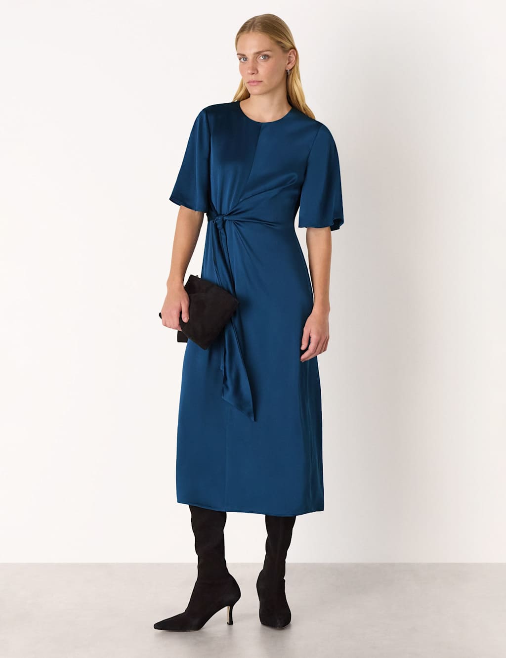 Whistles Satin Twist Front Midi Waisted Dress Blue