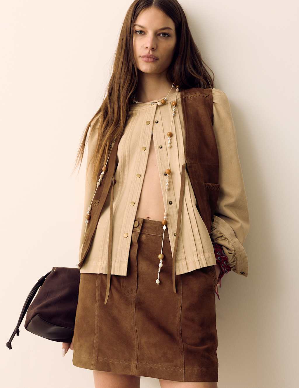Per Una Suede Braided Detail Mini A-Line Skirt Tan