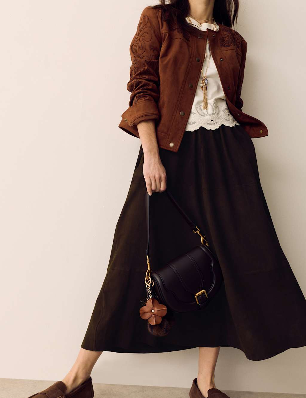 Per Una Suede Pleated Midi Skirt Chocolate