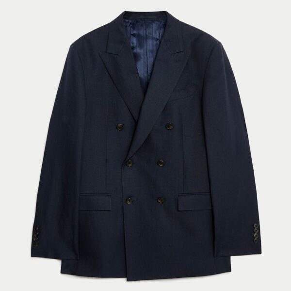 JAEGER Tailored Fit Silk & Linen Blend Double Breasted Suit Jacket Navy
