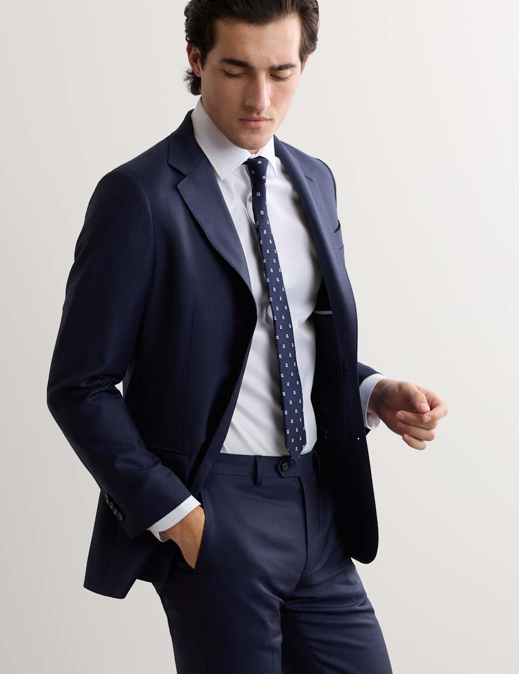JAEGER Tailored Fit Italian Wool Sharkskin Jacket Dark Blue