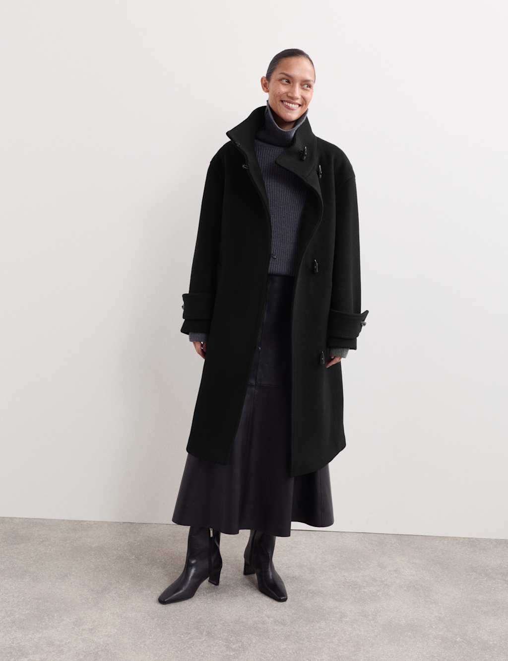 JAEGER Pure Wool Funnel Neck Duffle Coat Black