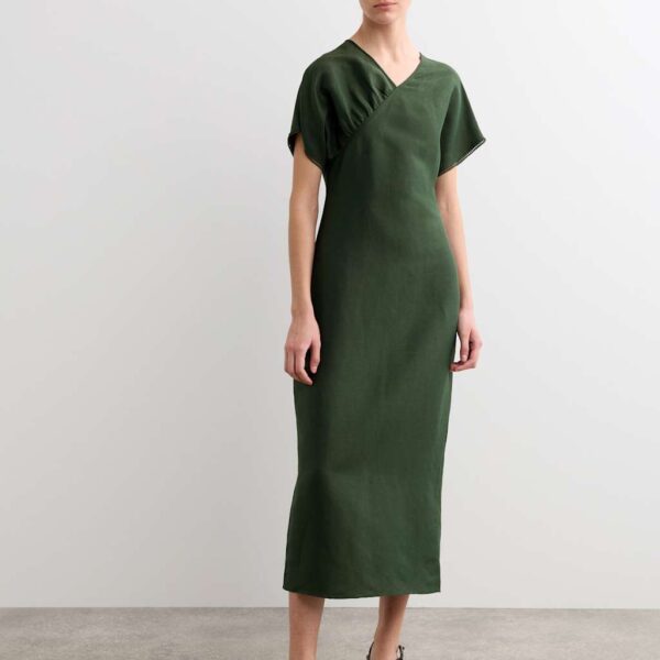 JAEGER Linen Rich V-Neck Midi Wrap Dress Dark Green