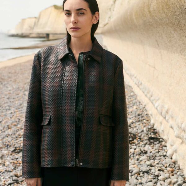 JAEGER Limited Edition Leather Woven Checked Collared Jacket Bitter Chocolate