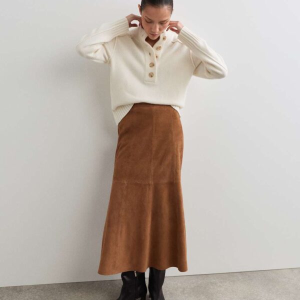JAEGER Suede Midaxi A-Line Skirt Camel