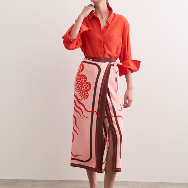 JAEGER Pure Silk Jellyfish Print Midi Wrap Skirt Pink Mix