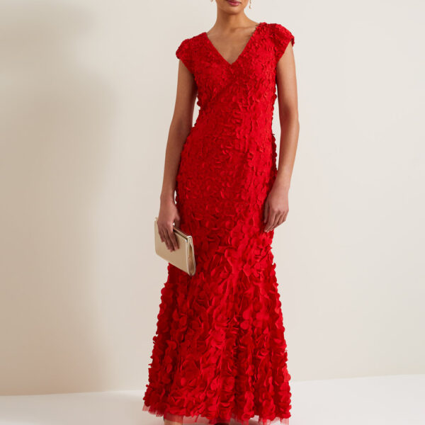 Phase Eight Chiffon Applique Ruffle V-Neck Maxi Skater Dress Red