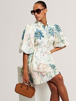 Ted Baker Puff Sleeve Printed Mini Shirt Dress - Cream