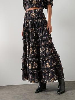 Allsaints Talia Floral Print Tiered Midi Skirt - Vine Black