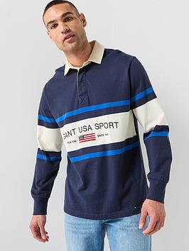 Gant Striped Flag Rugger Long Sleeve Polo Shirt - Navy