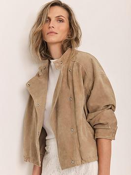 Mint Velvet Suede Cropped Pilot Bomber Jacket - Beige