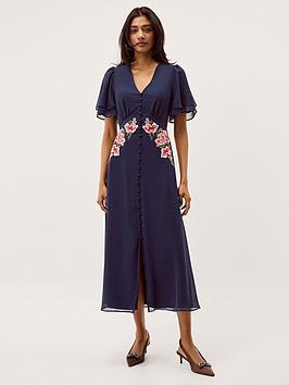 Monsoon Coraline Embroidered Dress - Blue