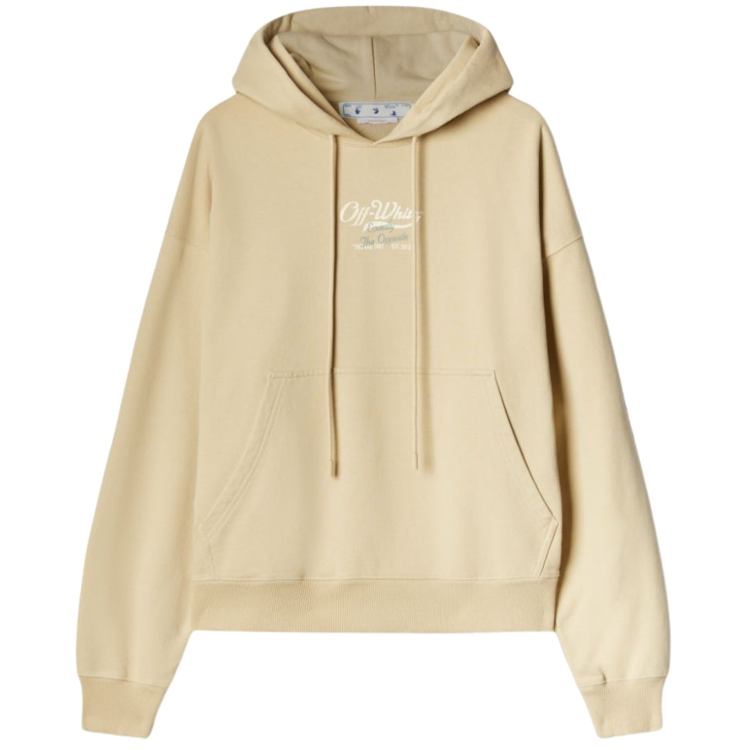 Off-White Mens Script Logo Opposite Over Skate Fit Beige Hoodie Cotton - Size Large