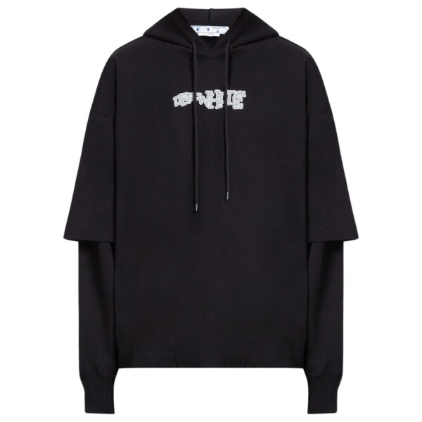 Off-White Mens Carlos Type Double Tee Black Hoodie Cotton - Size Large