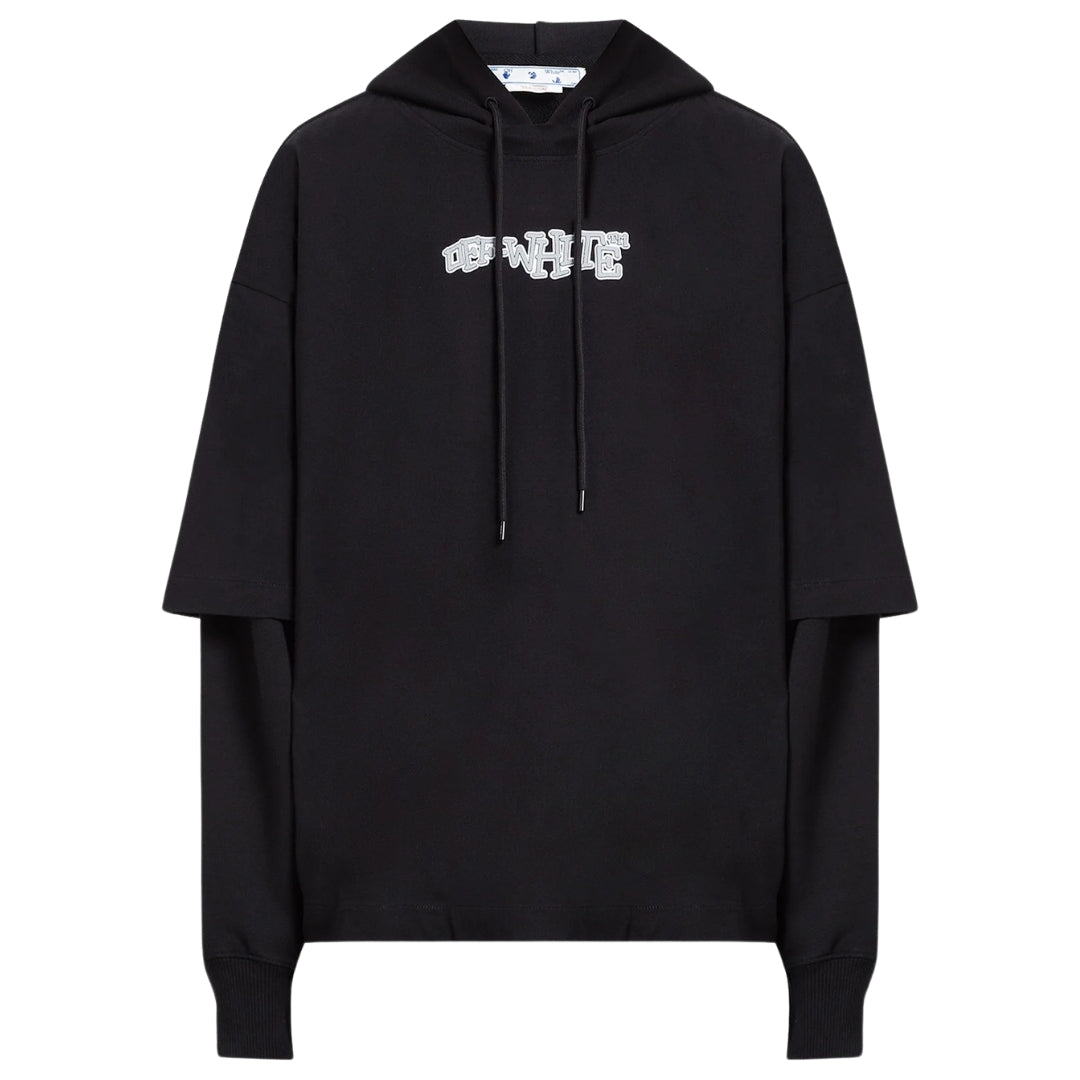 Off-White Mens Carlos Type Double Tee Black Hoodie Cotton - Size Large