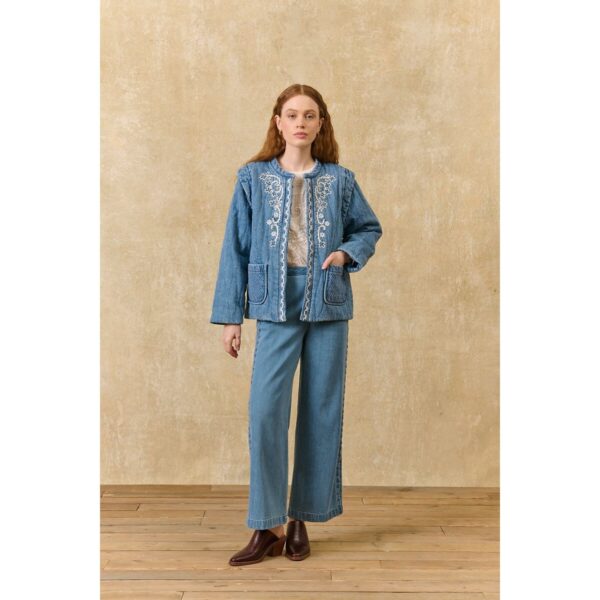 Horicia Embroidered Denim Jacket with Crew Neck
