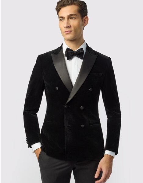 Antique Rogue Slim Fit Black Velvet Double Breasted Jacket
