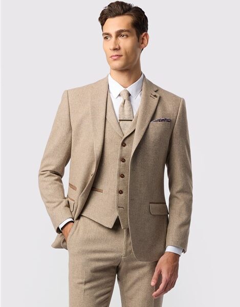 Antique Rogue Slim Fit Camel Herringbone Tweed Men's Suit Jacket