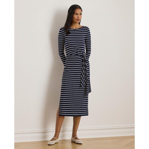 Vayra Striped Midi Dress with Long Sleeves and Tie-Front
