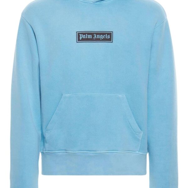 Palm Angels Mens Garment Dyed Box Logo Light Blue Hoodie - Size Large