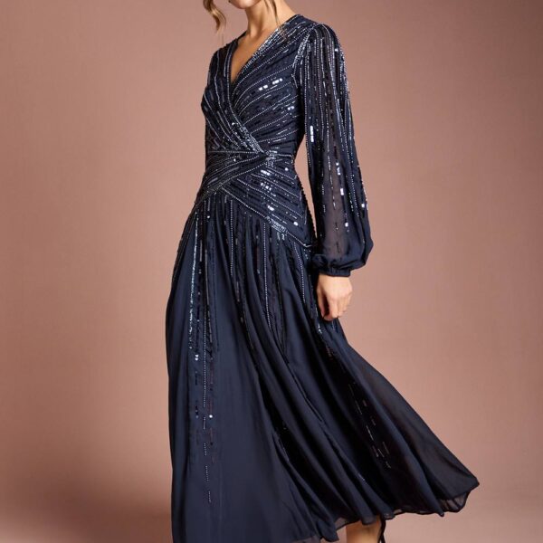 Coast Women's Long Sleeve Linear Embellished Maxi Dress in Navy | Size: 8