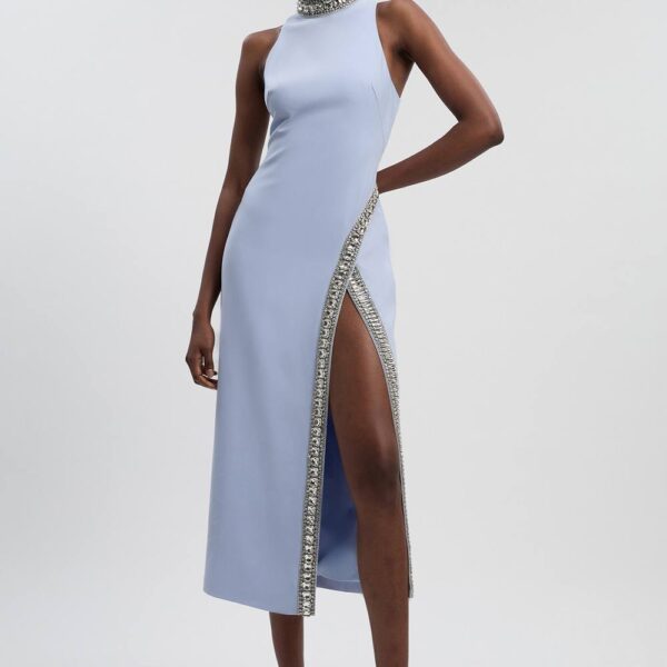 Karen Millen Women's Petite Crystal Embellished Woven Split Maxi Dress in Blue | Size: 16