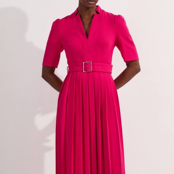 Karen Millen Women's Petite Tailored Structured Crepe Forever Pleat Midi Dress in Magenta | Size: 8