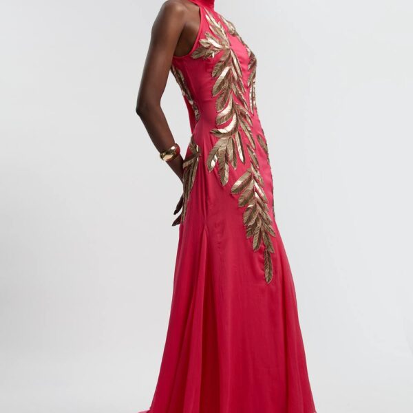 Karen Millen Women's Georgette Feather Embellished Halter Neck Woven Maxi Dress in Pink | Size: 8