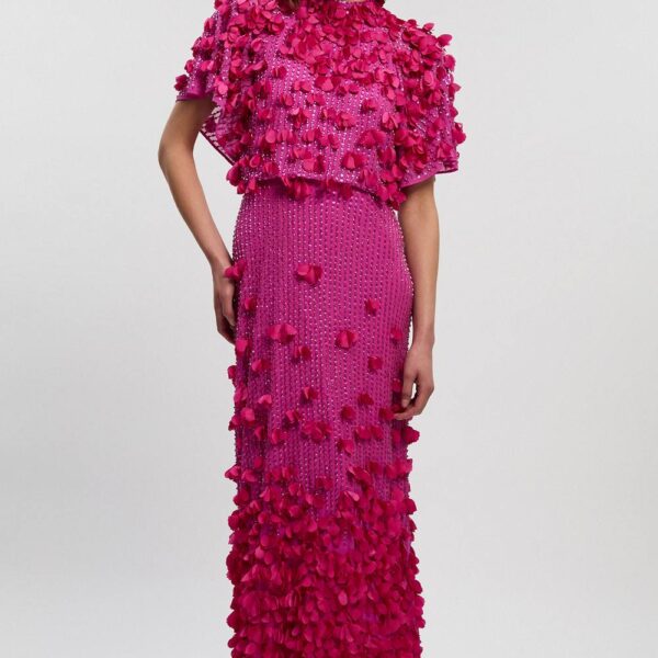 Karen Millen Women's Crystal Applique Angel Sleeve Woven Maxi Dress in Hot Pink | Size: 10