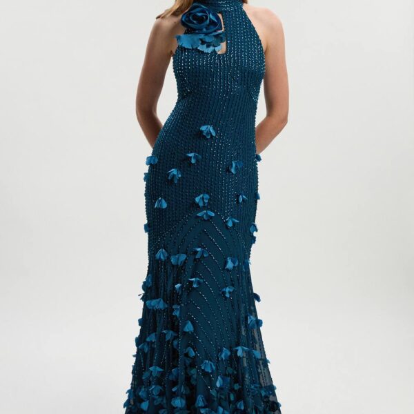 Karen Millen Women's Crystal Applique Woven Maxi Rosette Maxi Dress in Teal | Size: 6