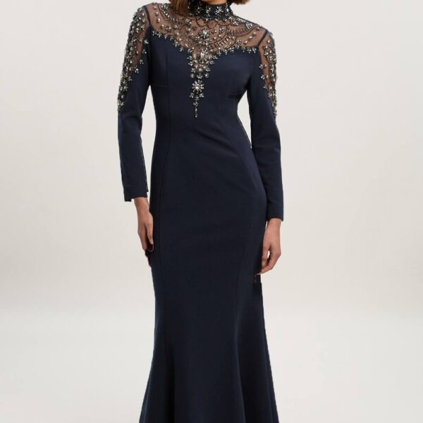 Karen Millen Women's Premium Crystal Embellished Woven Maxi Dress in Midnight | Size: 8