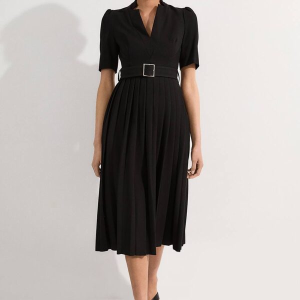 Karen Millen Women's Petite Tailored Structured Crepe Forever Pleat Belted Midi Dress in Black | Size: 14