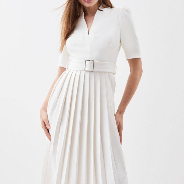 Karen Millen Women's Petite Tailored Structured Crepe Forever Pleat Belted Midi Dress in Ivory | Size: 4