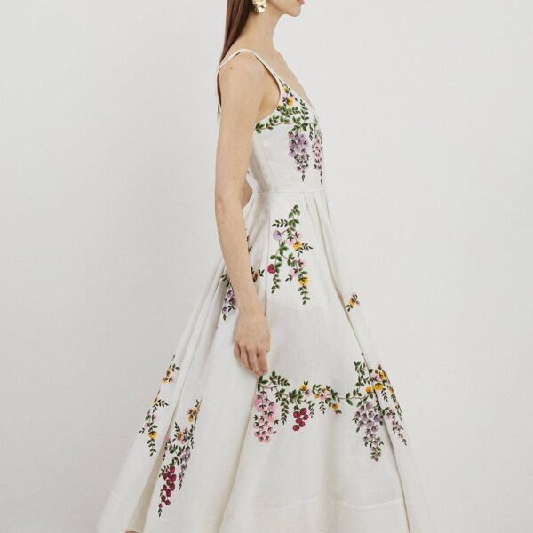 Karen Millen Women's Floral Embroidered Cotton Linen Woven Prom Dress | Size: 6