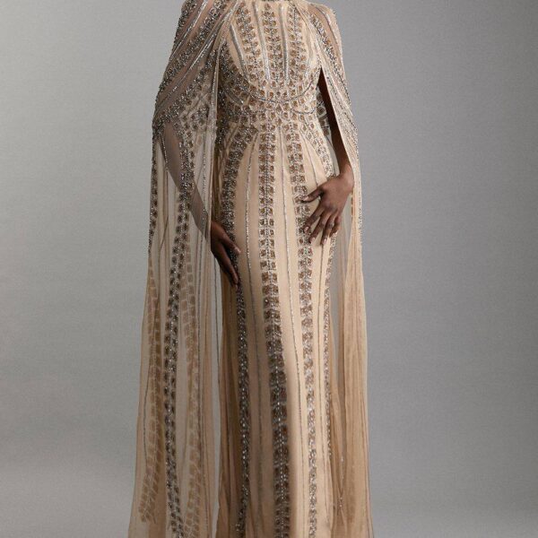 Karen Millen Women's Premium Embellished Cape Maxi Dress in Nude | Size: 10