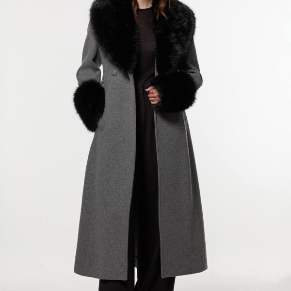 Karen Millen Women's Wool Blend Detachable Faux Fur Belted Midi Coat in Grey Marl | Size: 10