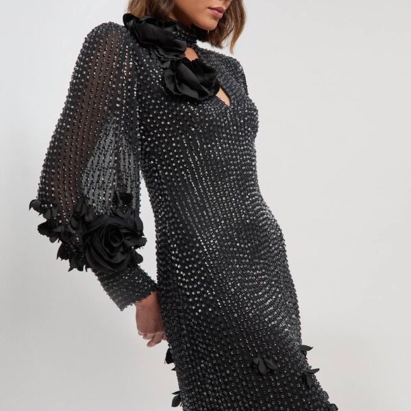 Karen Millen Women's Crystal Applique Woven Maxi Dress in Black | Size: 8