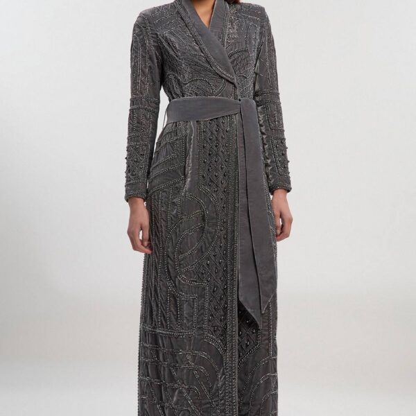 Karen Millen Women's Velvet Embellished Woven Maxi Blazer Dress in Silver | Size: 8