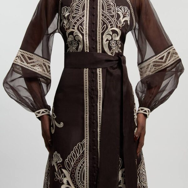 Karen Millen Women's Embroidered Organdie Balloon Sleeve Woven Maxi Dress in Chocolate | Size: 12