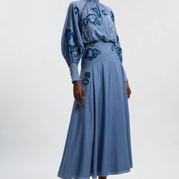 Karen Millen Women's Petite Balloon Sleeve Embroidered & Beaded Woven Maxi Dress in Blue | Size: 10