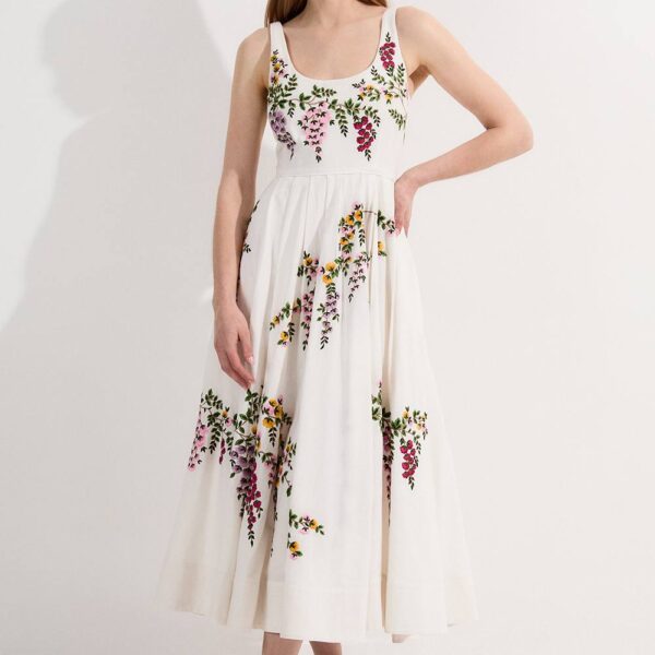 Karen Millen Women's Petite Floral Embroidered Cotton Linen Woven Prom Dress | Size: 16