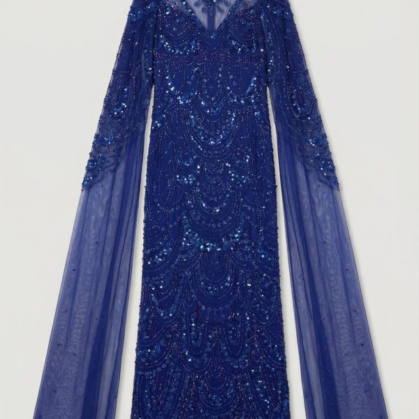 Karen Millen Women's Premium Beaded Embellished Woven Midaxi Cape Dress in Cobalt | Size: 6