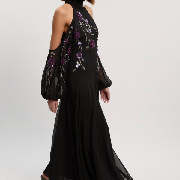 Karen Millen Women's Cold Shoulder 3D Floral Applique Woven Maxi Dress in Black | Size: 14