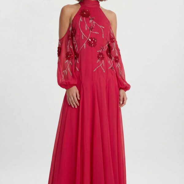 Karen Millen Women's Cold Shoulder 3D Floral Applique Woven Maxi Dress in Hot Pink | Size: 12