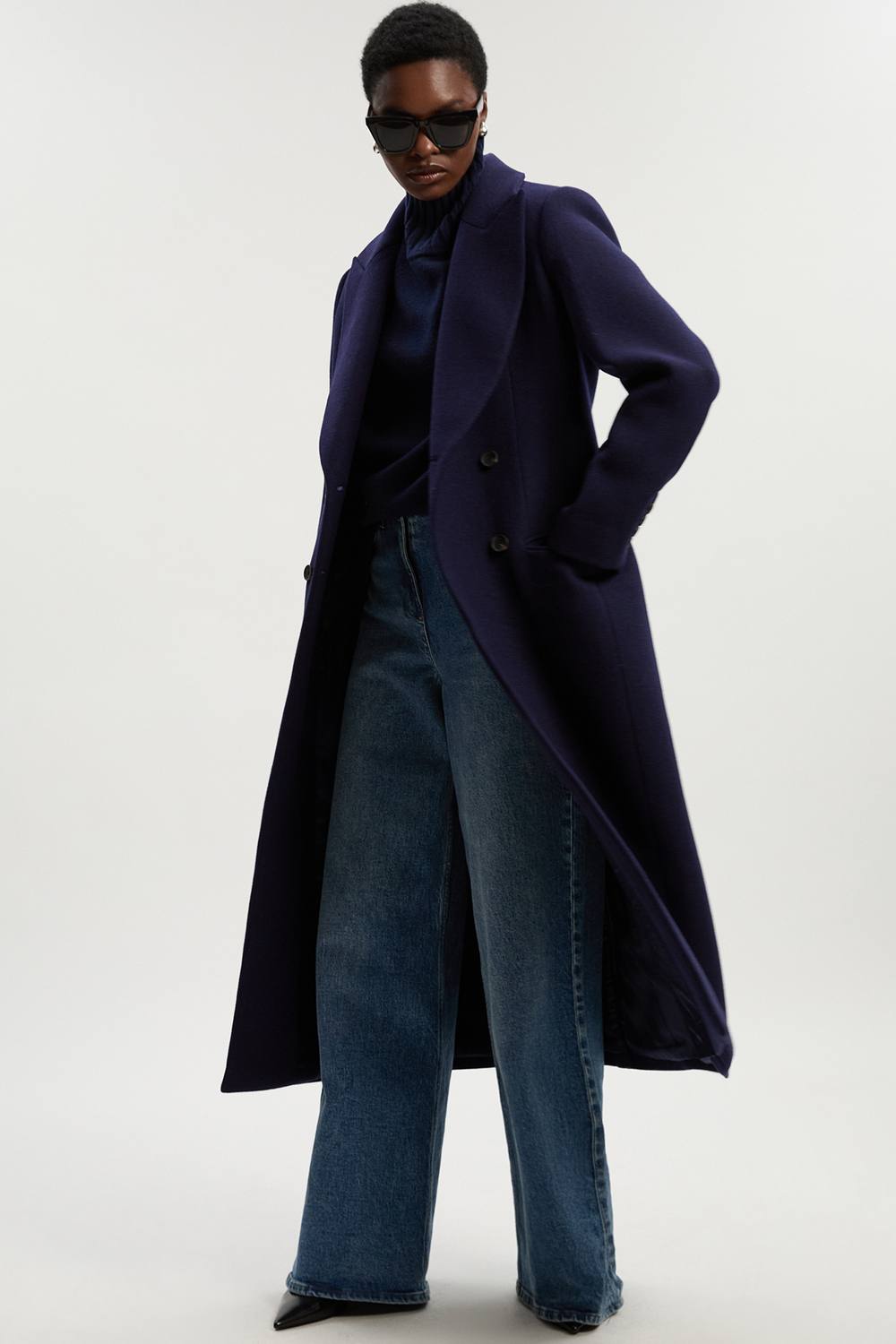Karen Millen Women's Wool Double Breasted Tailored Midi Coat in Navy | Size: 12